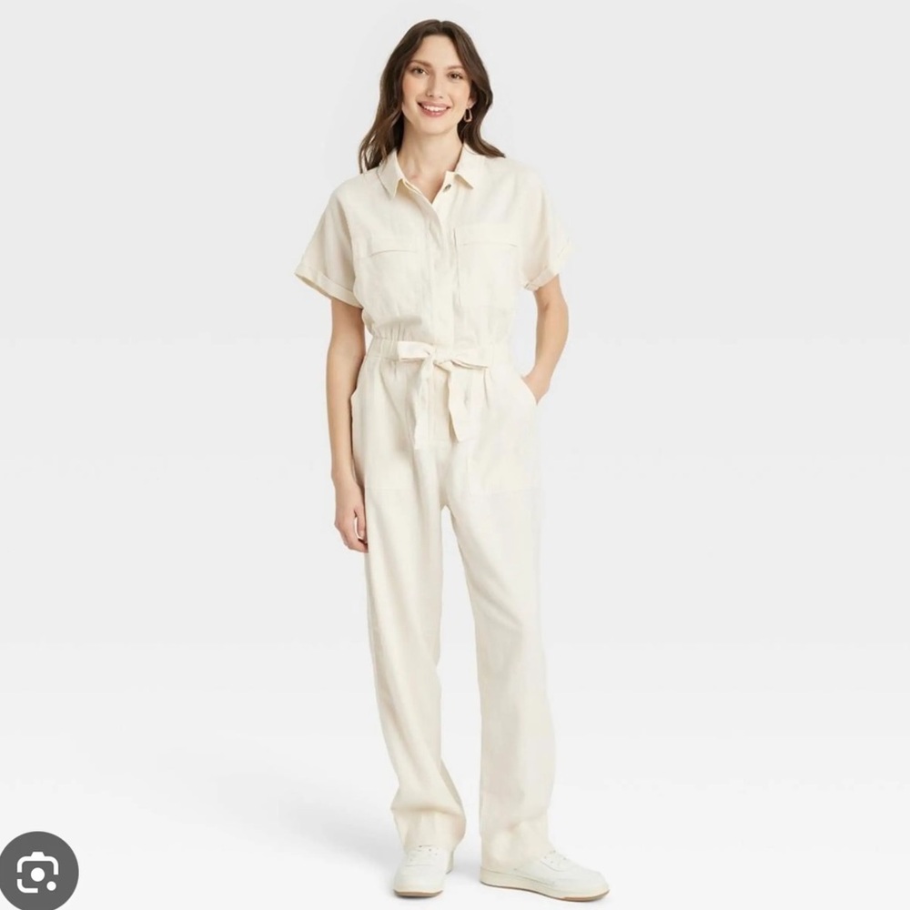 Universal Thread Cream Linen Utility Jumpsuit - image 1